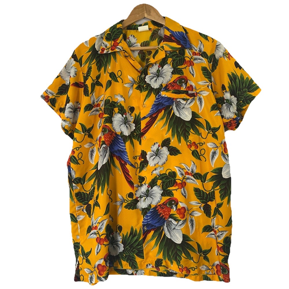 King Kameha Men's Large Shirt Yellow Parrot Tropical Floral Aloha Camp Collar
